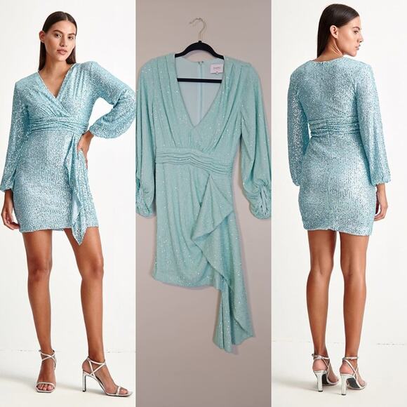 One33 Social Dresses & Skirts - ONE33 Social Sequin Ruched Asymmetric Hem Mini Dress Aqua Size 4